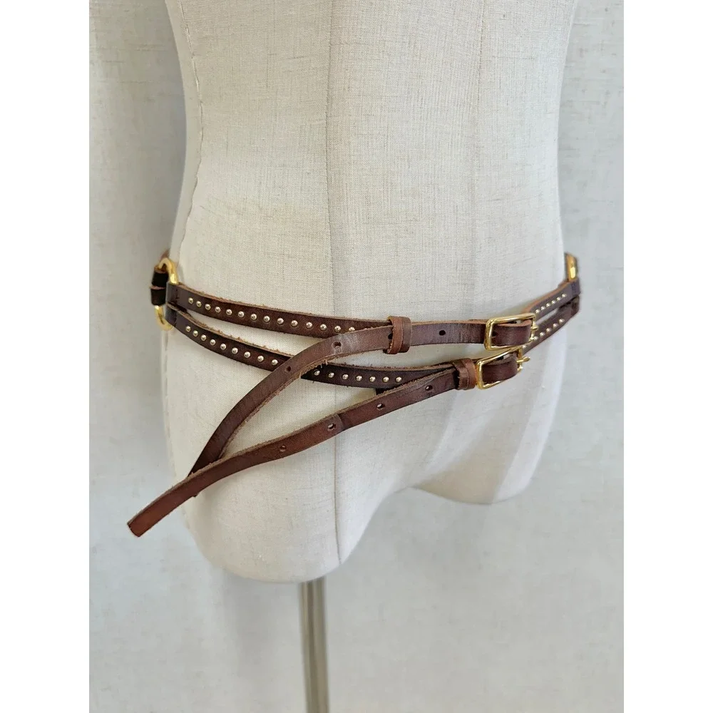1937 Accessories Genuine Leather Studded Brown Double Wrap Belt Womens ML Boho